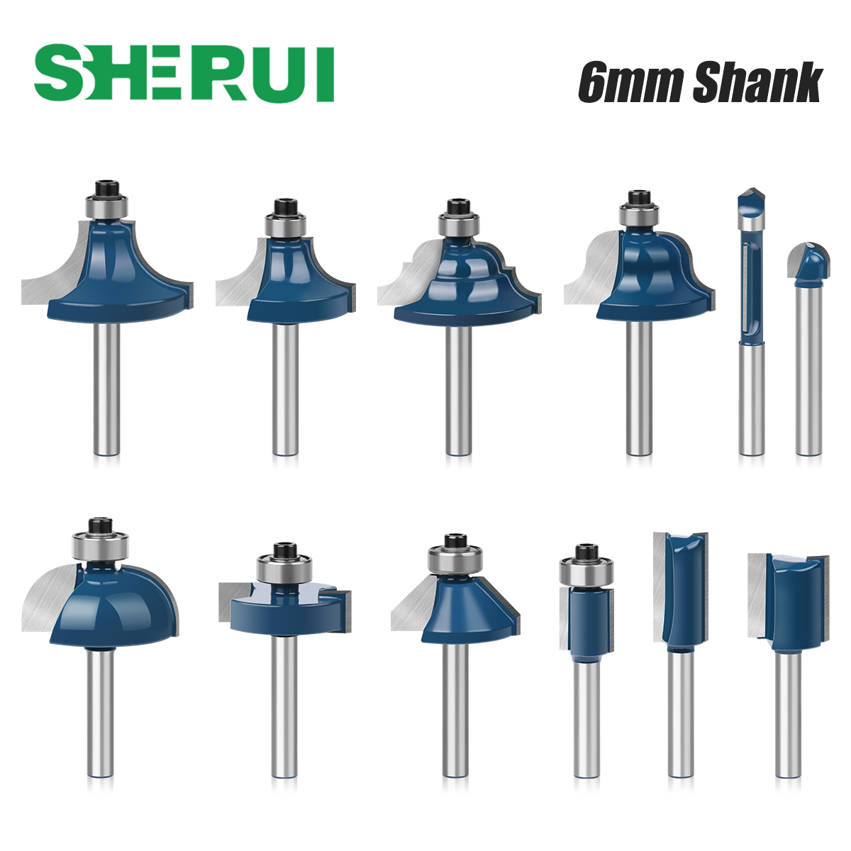 End Mill Set - 6 ミリメートルシャンクルータービットセットストレート T ビットフラッシュトリミングクリーニングラウンドコーナーコーブボックスビット木工フライスカッター