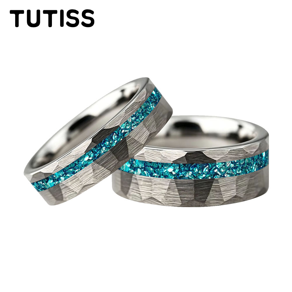 Coupling 8Mm - TUTISS 6/8mm ハンマードオフセットグルーブ象嵌ブルークリスタルストーンタングステンカーバイドリング、カップルリング、記念日記念リング