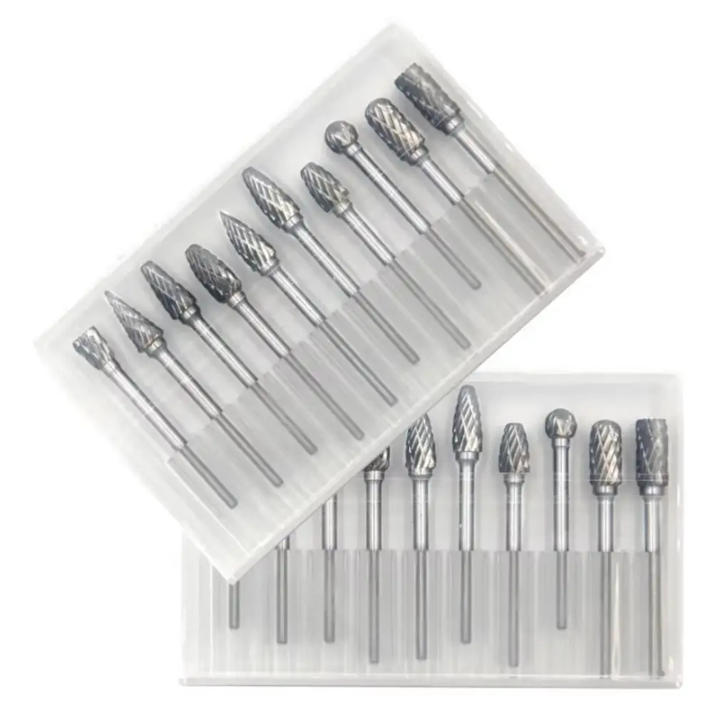 Carbide End Mill - 10個入り超硬ロータリーバーセット 3mmシャンク ダブルカット研削ビット 木工、金属、石、タイル研磨用DIYドリル