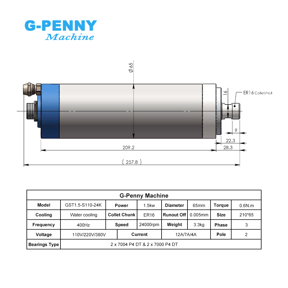 G-Penny CNC 1.5KW ER16 65mm 4個 - Water Cooled Spindle のレビューと価格