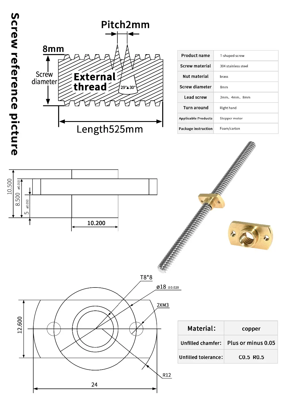 T8 3Dプリンター用リードネジ、真ちゅうナット、2mm、2 - Lead Screw 8Mm のレビューと価格